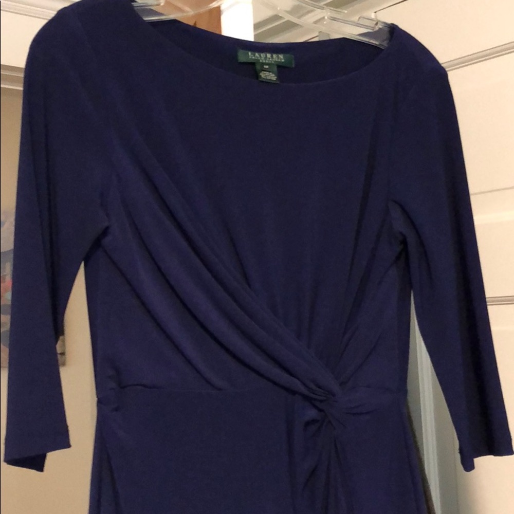 Navy blue twist ruffle faux wrap dress 6P